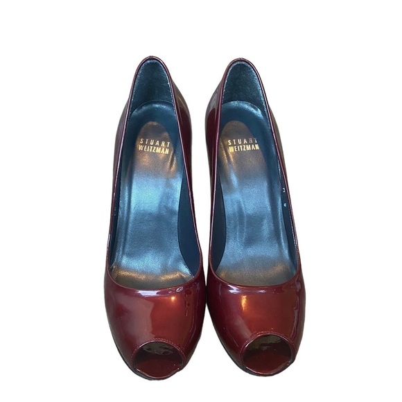 Stuart Weitzman Burgundy Red Stiletto Patent Leather Peep Toe Heels 8 - Picture 10 of 11